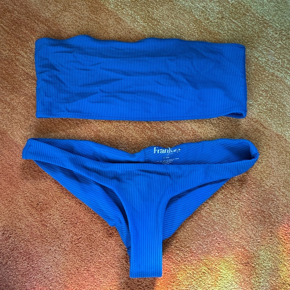Frankies Bikinis Blue Ribbed Bikini Set